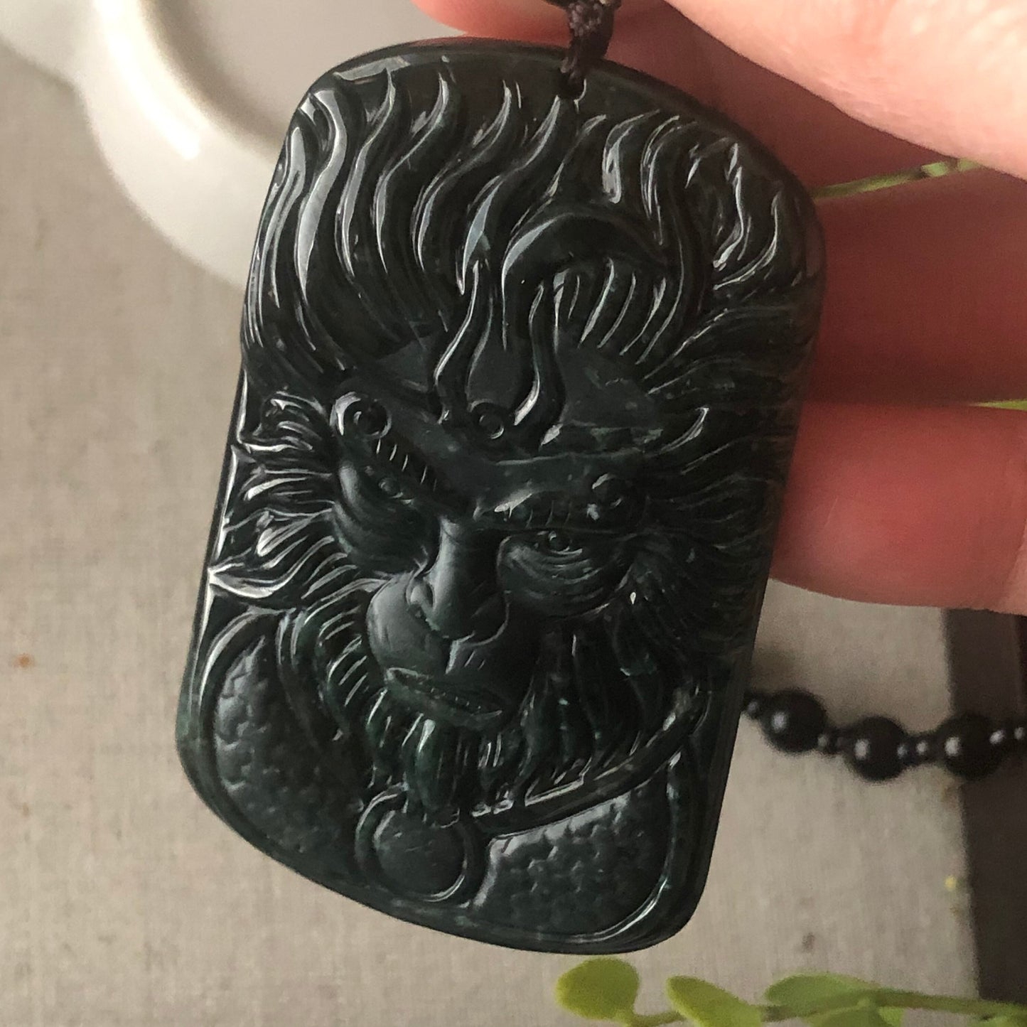 63.1 mm Green Black Jadeite Jade Carved Monkey King Pendant