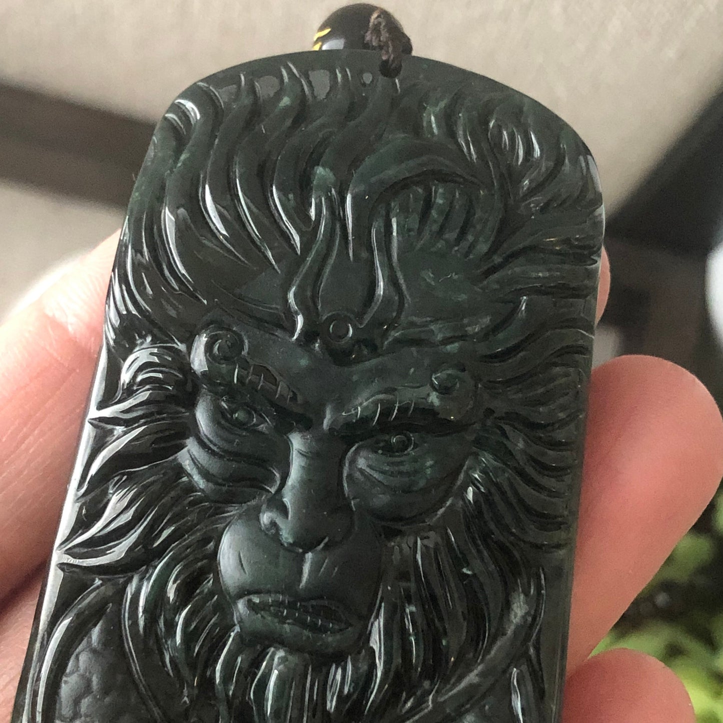 63.1 mm Green Black Jadeite Jade Carved Monkey King Pendant