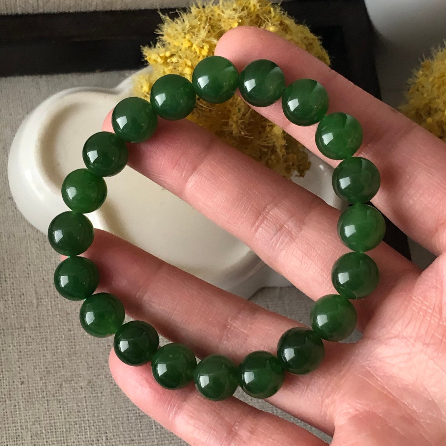 9.5 mm Icy Imperial Green Hetian Jade Bead Bracelet