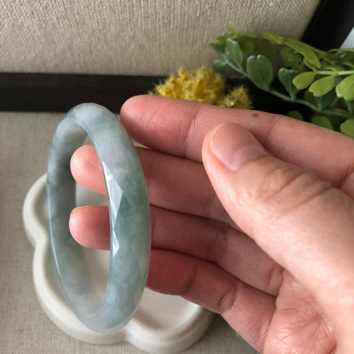 56mm Jadeite Jade Icy earthy green D Shaped carved Diamond cut Bangle