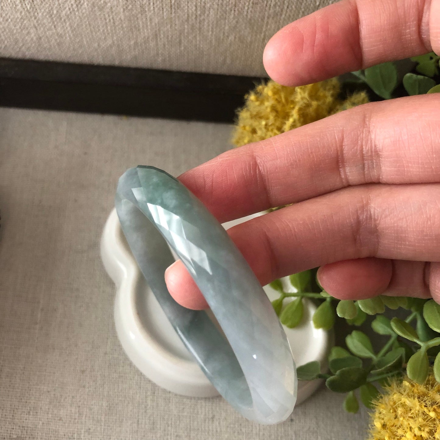 56mm Jadeite Jade Icy earthy green D Shaped carved Diamond cut Bangle