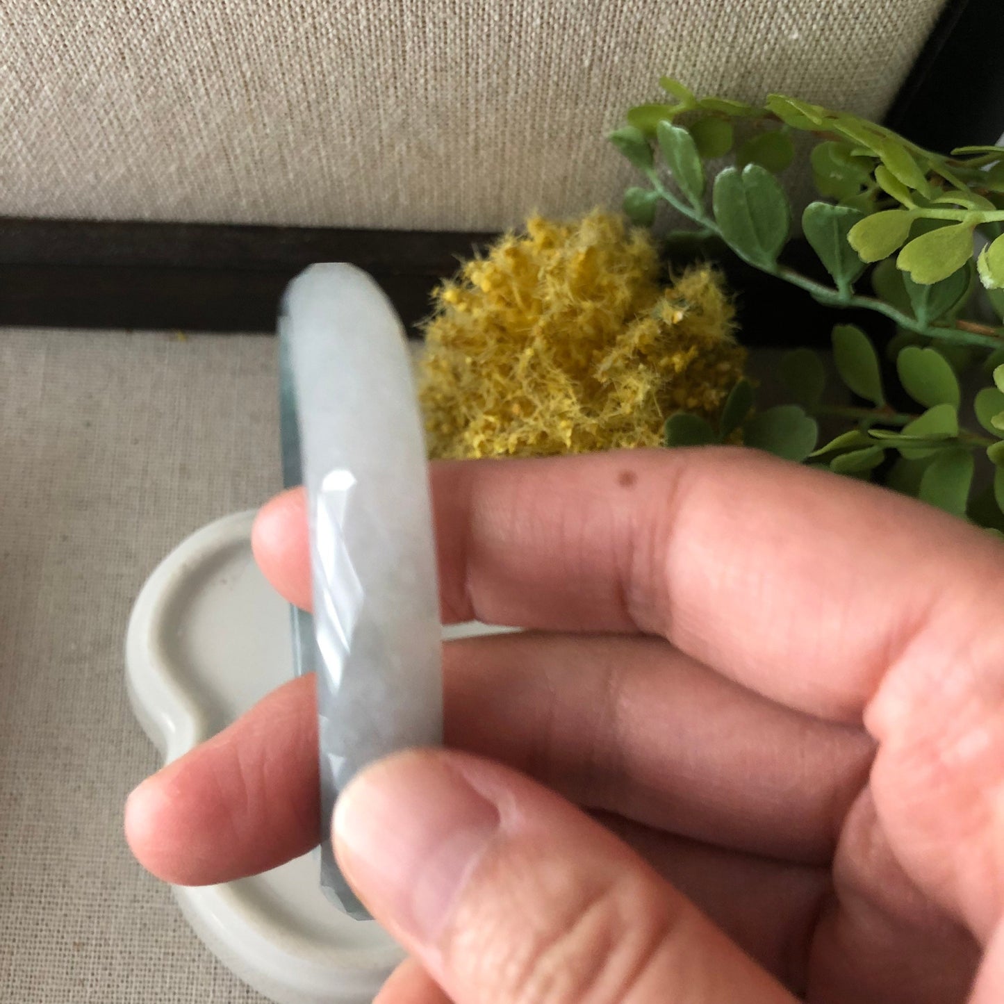 56mm Jadeite Jade Icy earthy green D Shaped carved Diamond cut Bangle