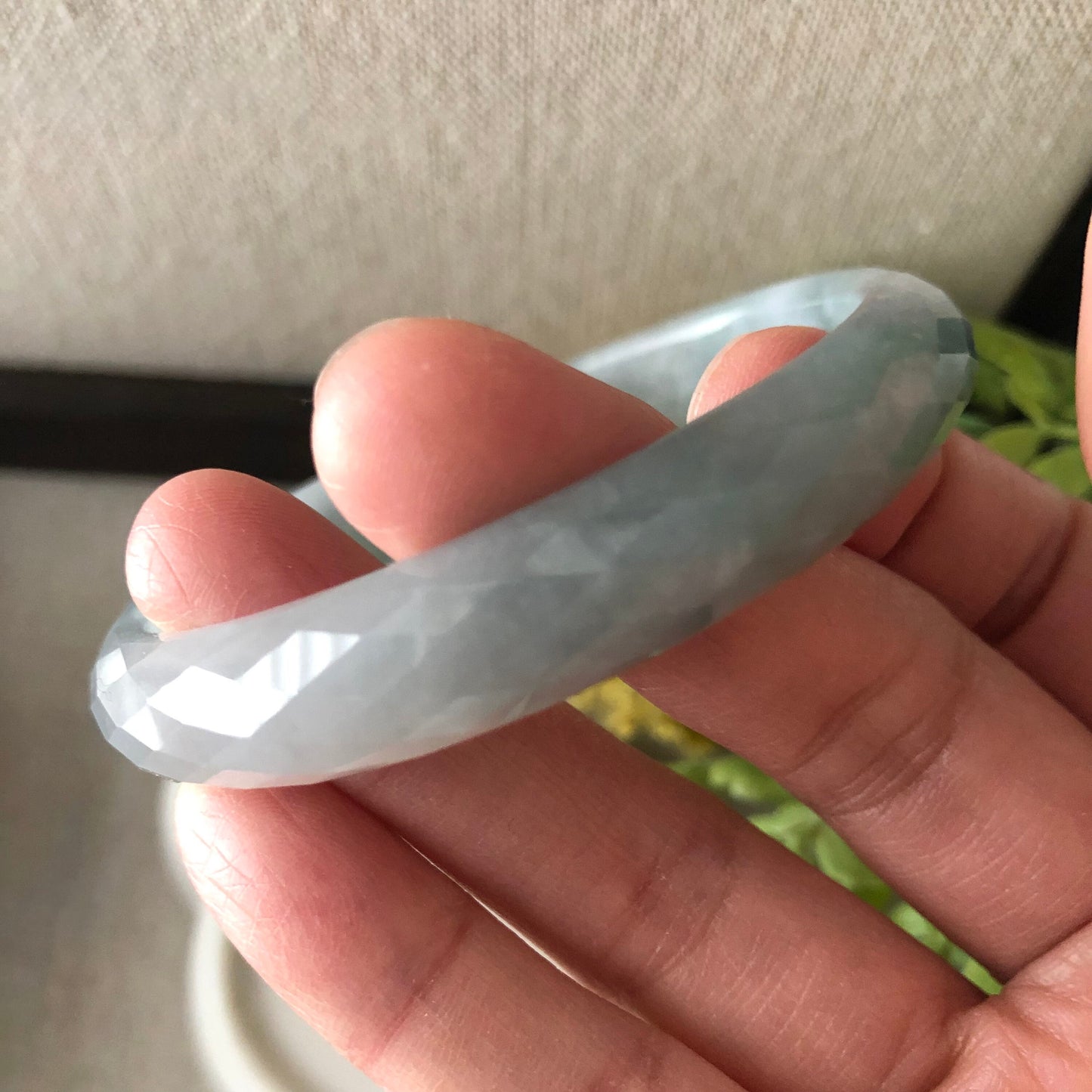 56mm Jadeite Jade Icy earthy green D Shaped carved Diamond cut Bangle