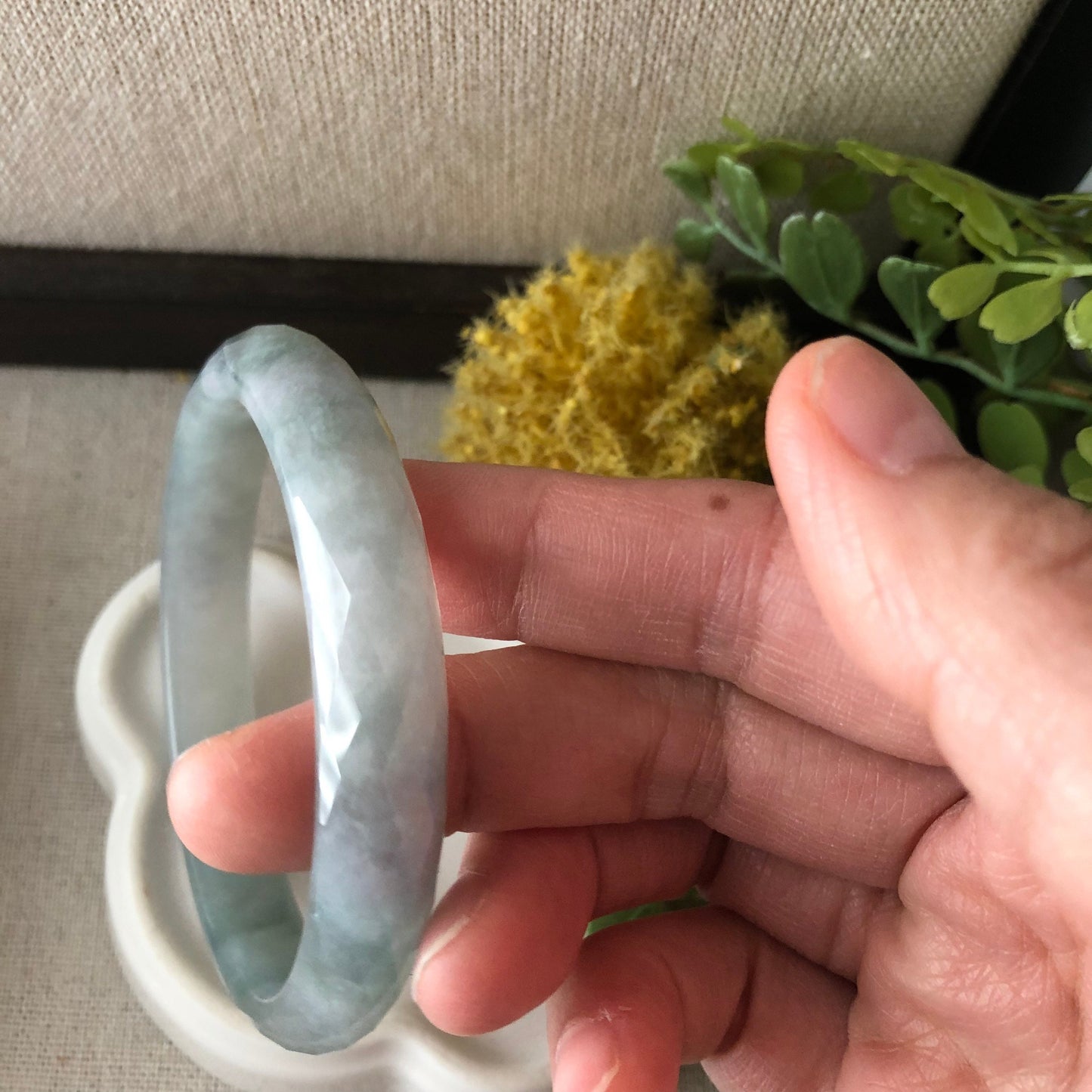 56mm Jadeite Jade Icy earthy green D Shaped carved Diamond cut Bangle