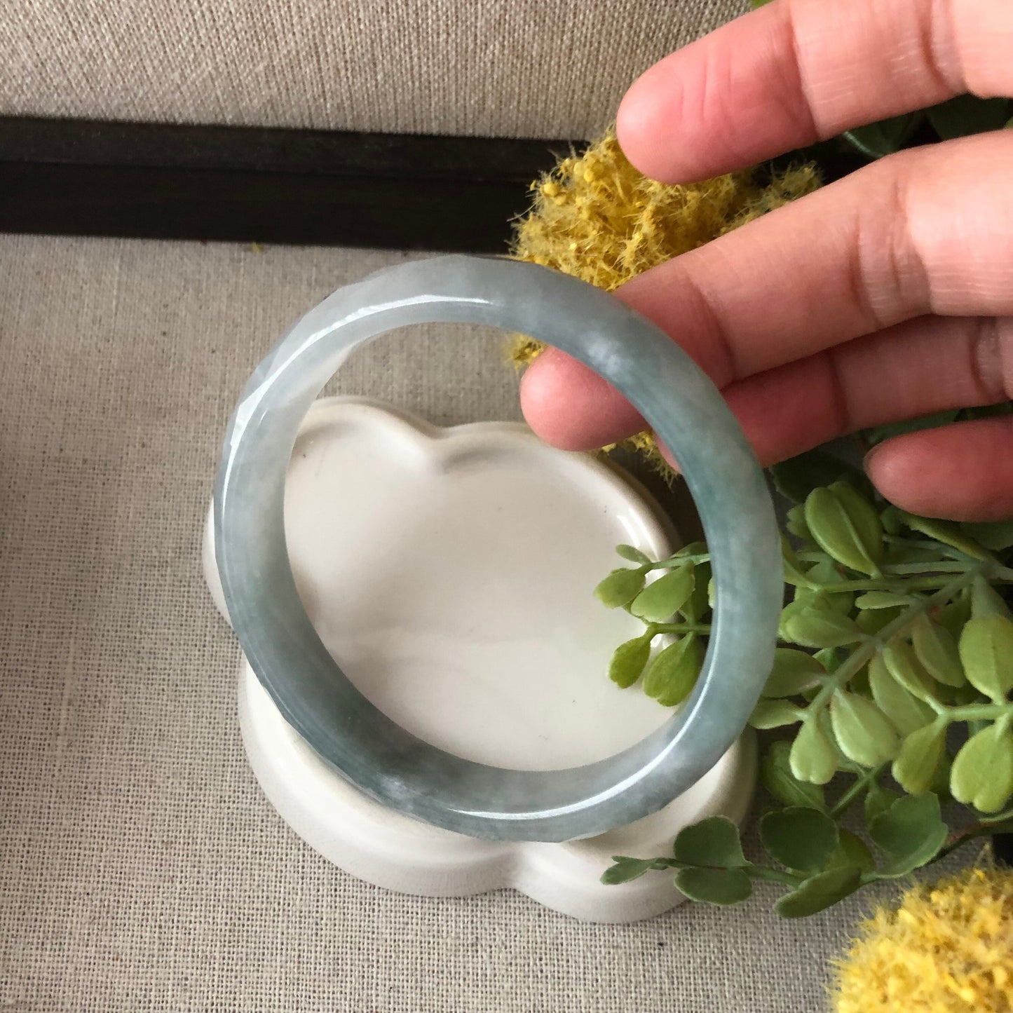 56mm Jadeite Jade Icy earthy green D Shaped carved Diamond cut Bangle