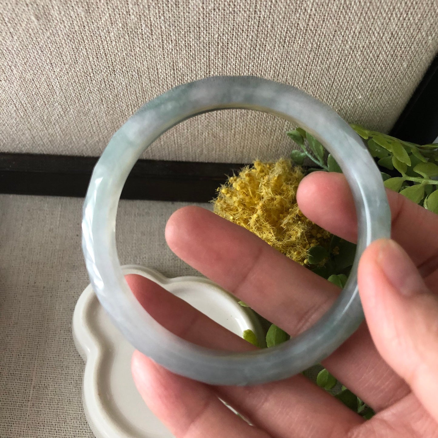 56mm Jadeite Jade Icy earthy green D Shaped carved Diamond cut Bangle