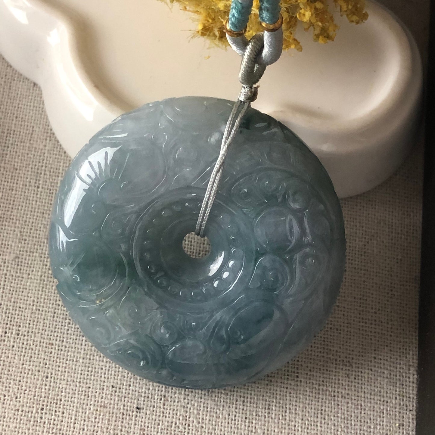50 mm Icy Jadeite Jade Blue Green Carved Peace Donut Pendant