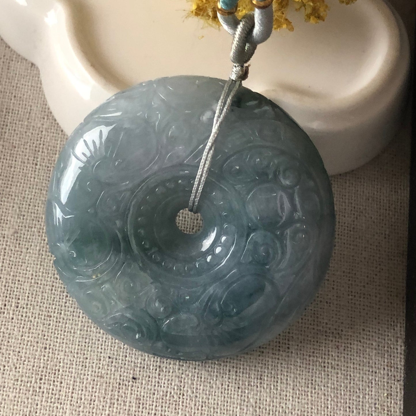 50 mm Icy Jadeite Jade Blue Green Carved Peace Donut Pendant