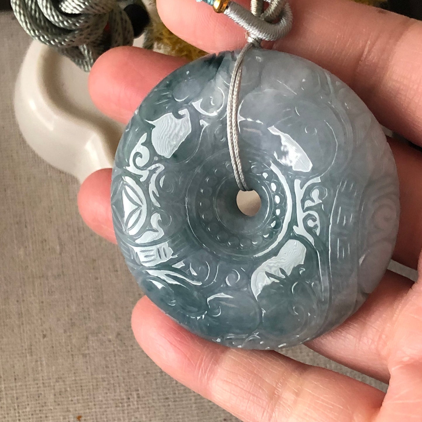 50 mm Icy Jadeite Jade Blue Green Carved Peace Donut Pendant