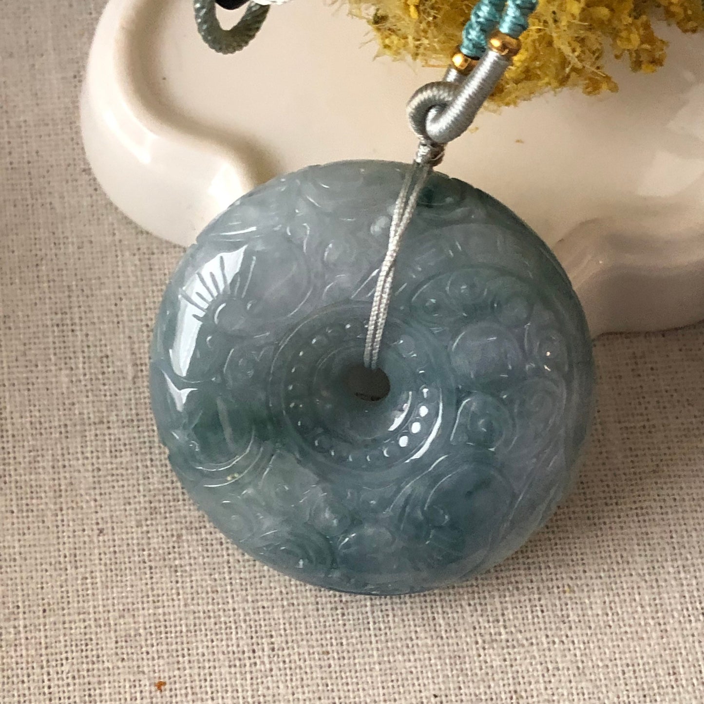 50 mm Icy Jadeite Jade Blue Green Carved Peace Donut Pendant