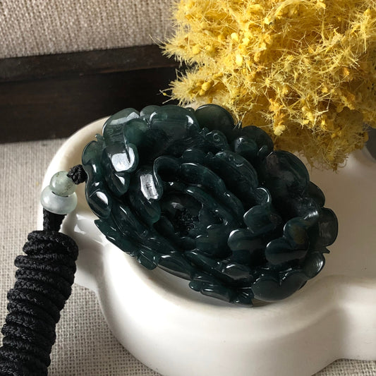 49mm Icy Blue Green Guatemalan Jade Carved Flower Pendant