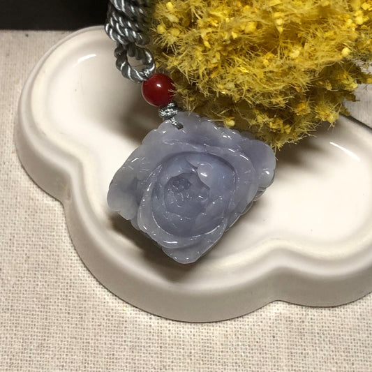 33.8mm Jadeite Jade Icy Lavender Carved  Flower Pendant
