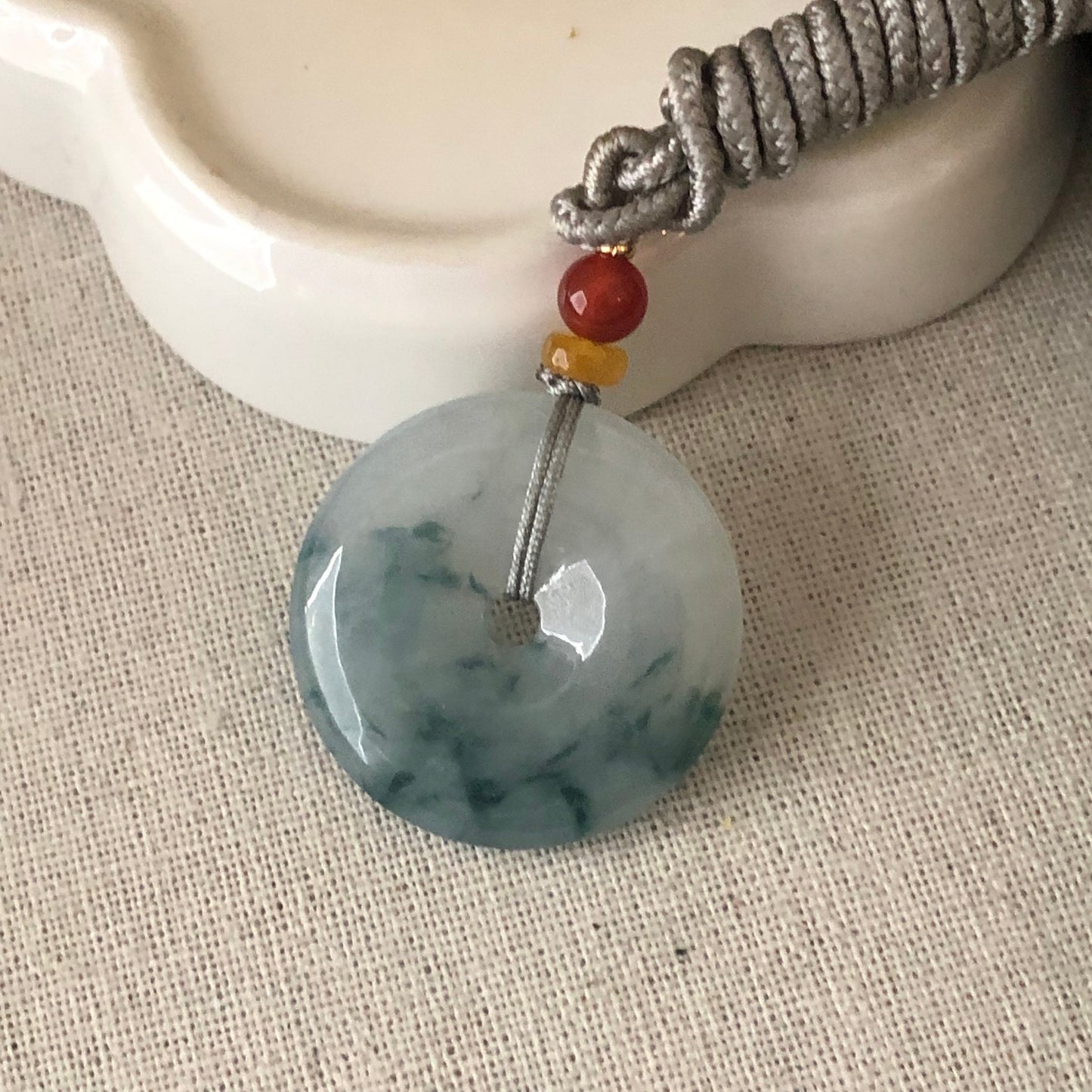 30mm Blue Green Float Flowers Jadeite Jade Peace Donut Pendant
