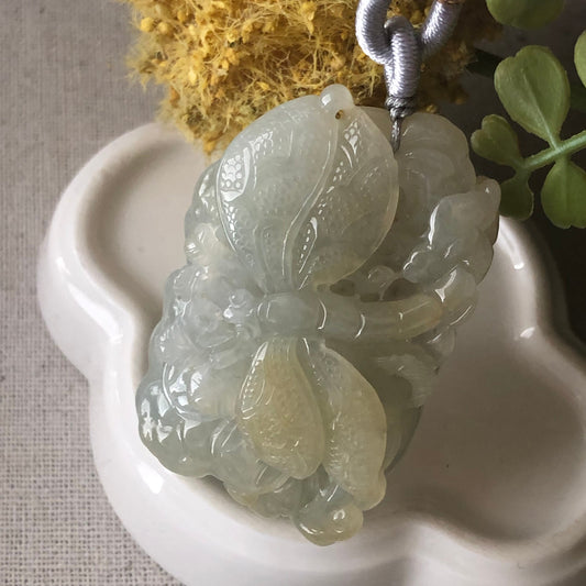 54.9mm  Icy Glutinous Yellow Carved Dragonfly Ruyi Landscape Jadeite Jade  Pendant