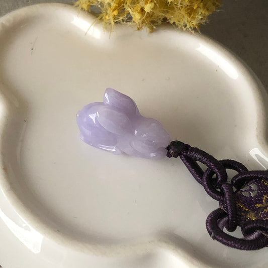 20mm Jadeite Jade Carved Lavender Bunny Rabbit Keychain Charm