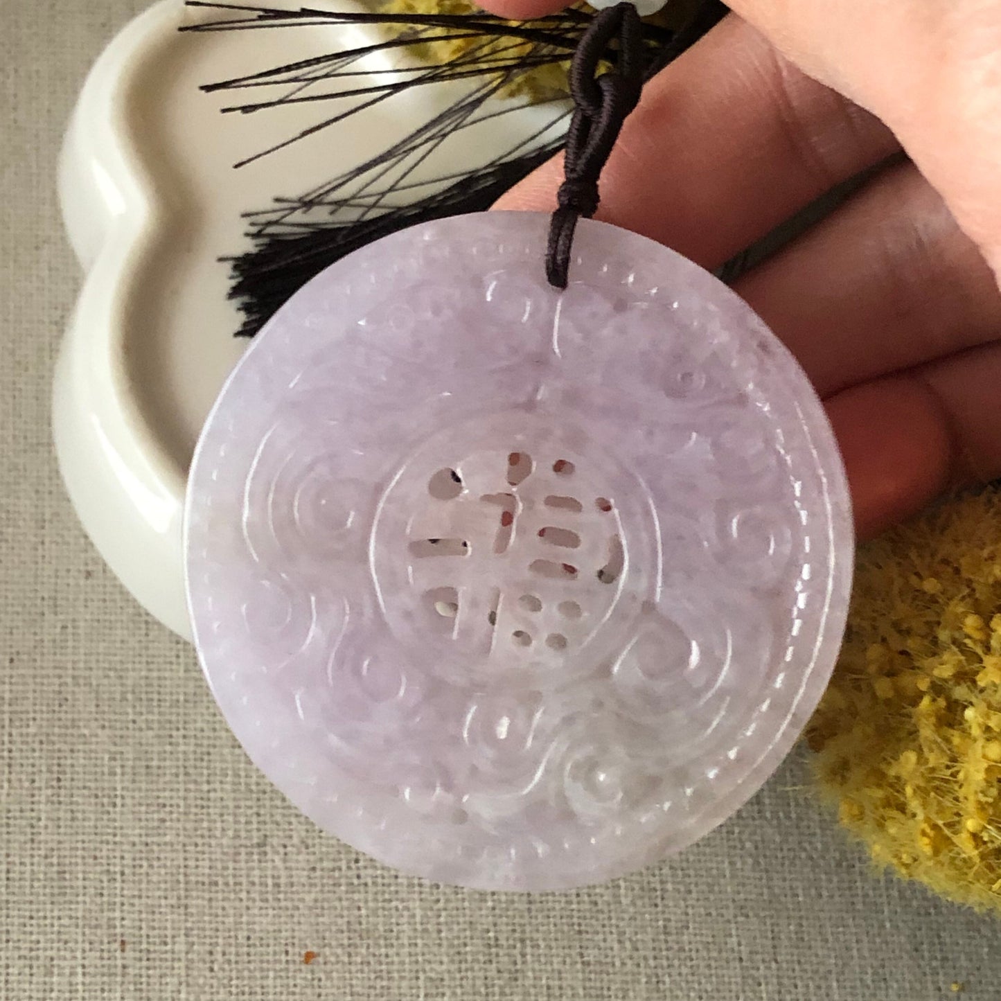 54.5mm Jadeite Jade Lavender Carved Asian Lucky Character Pendant Charm
