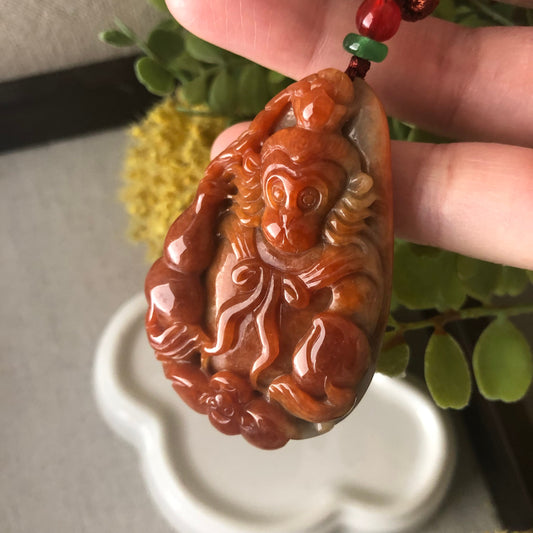 54.8mm Jadeite Jade Red  Brown Carved Monkey King Pendant Neck Rope Tie