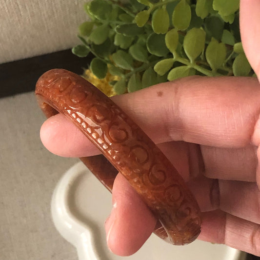 57mm Jadeite Jade Wuji Carved Red Brown Bangle