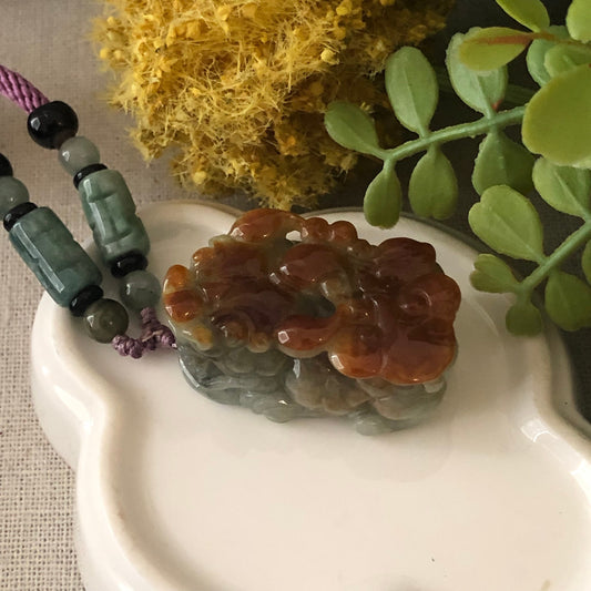 36mm Jadeite Green Red Brown Carved Pixiu Keychain or Pendant Display Figurine