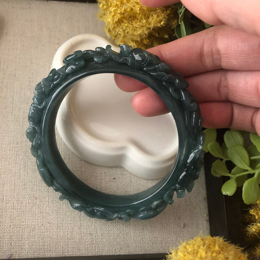 57.5mm Icy Blue Green Guatemalan Jadeite Jade Carved Flower Bangle