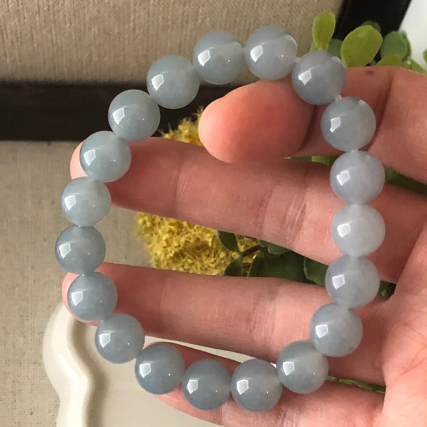 10mm Icy Glutinous Moist Sky Blue Jadeite Jade Bead Bracelet