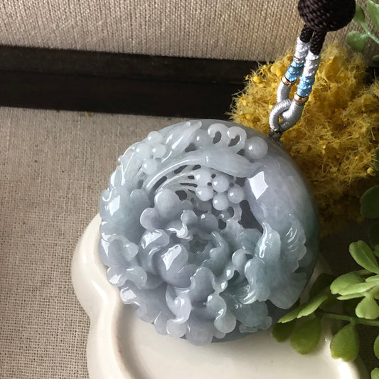 54.6mm Jadeite Jade Blue Lavender Green Carved Flower Pendant