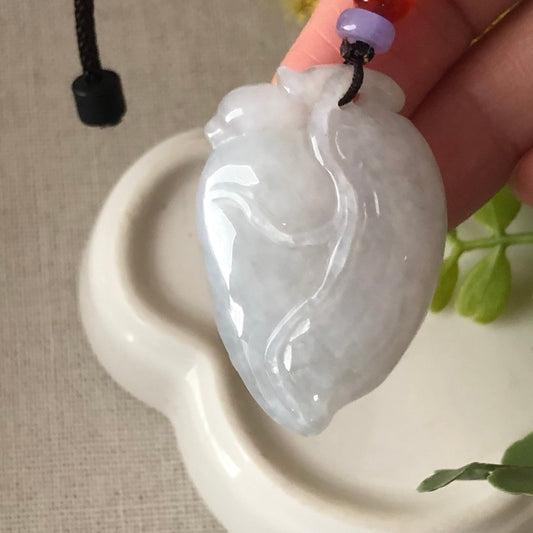 37.4mm Icy Carved Peach Jadeite Jade with Neck Rope Tie