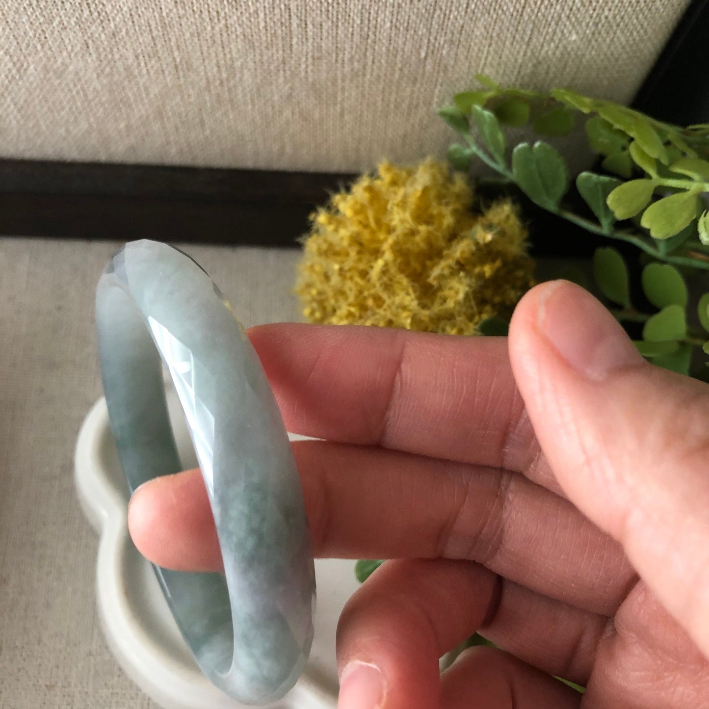 56mm Jadeite Jade Icy earthy green D Shaped carved Diamond cut Bangle