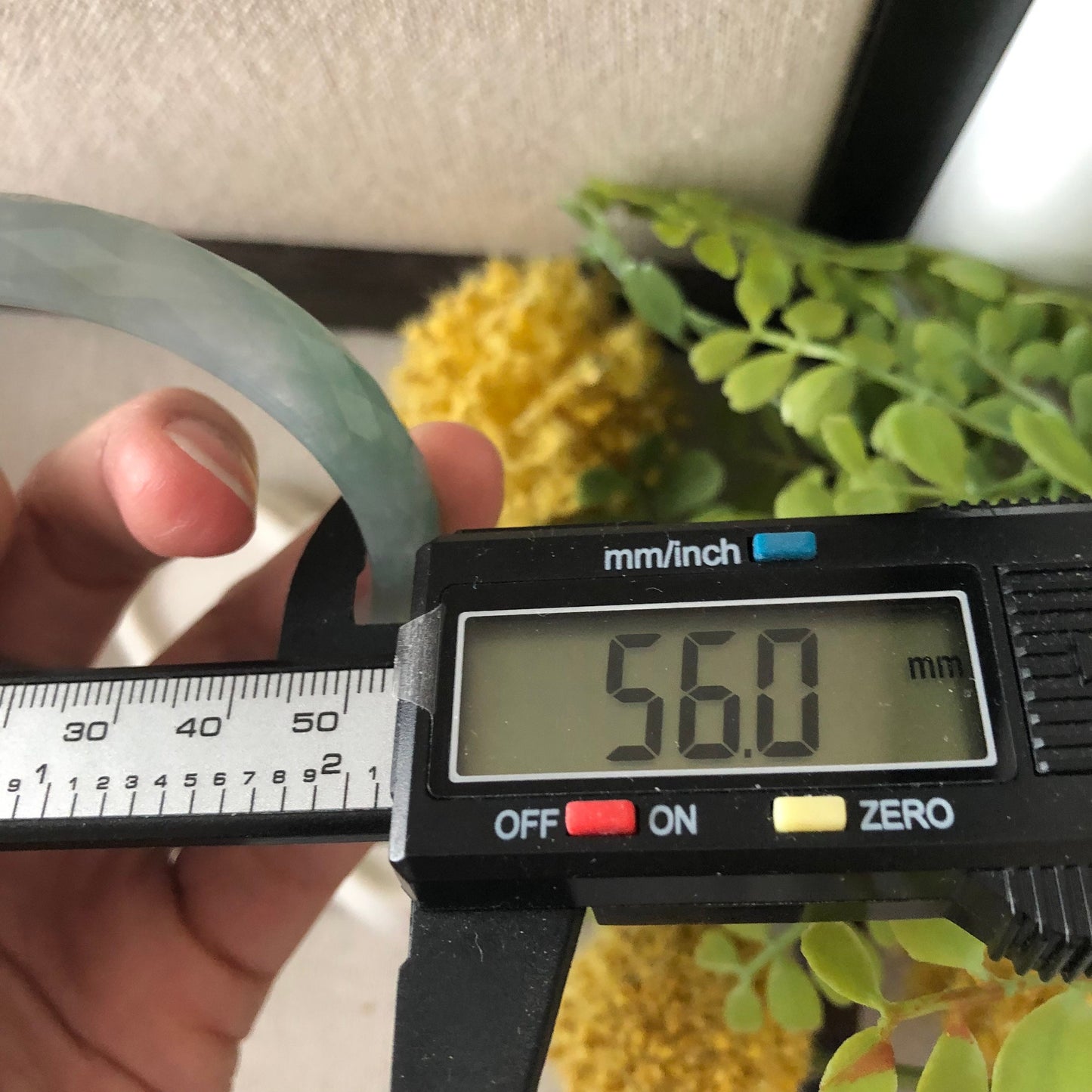 56mm Jadeite Jade Icy earthy green D Shaped carved Diamond cut Bangle