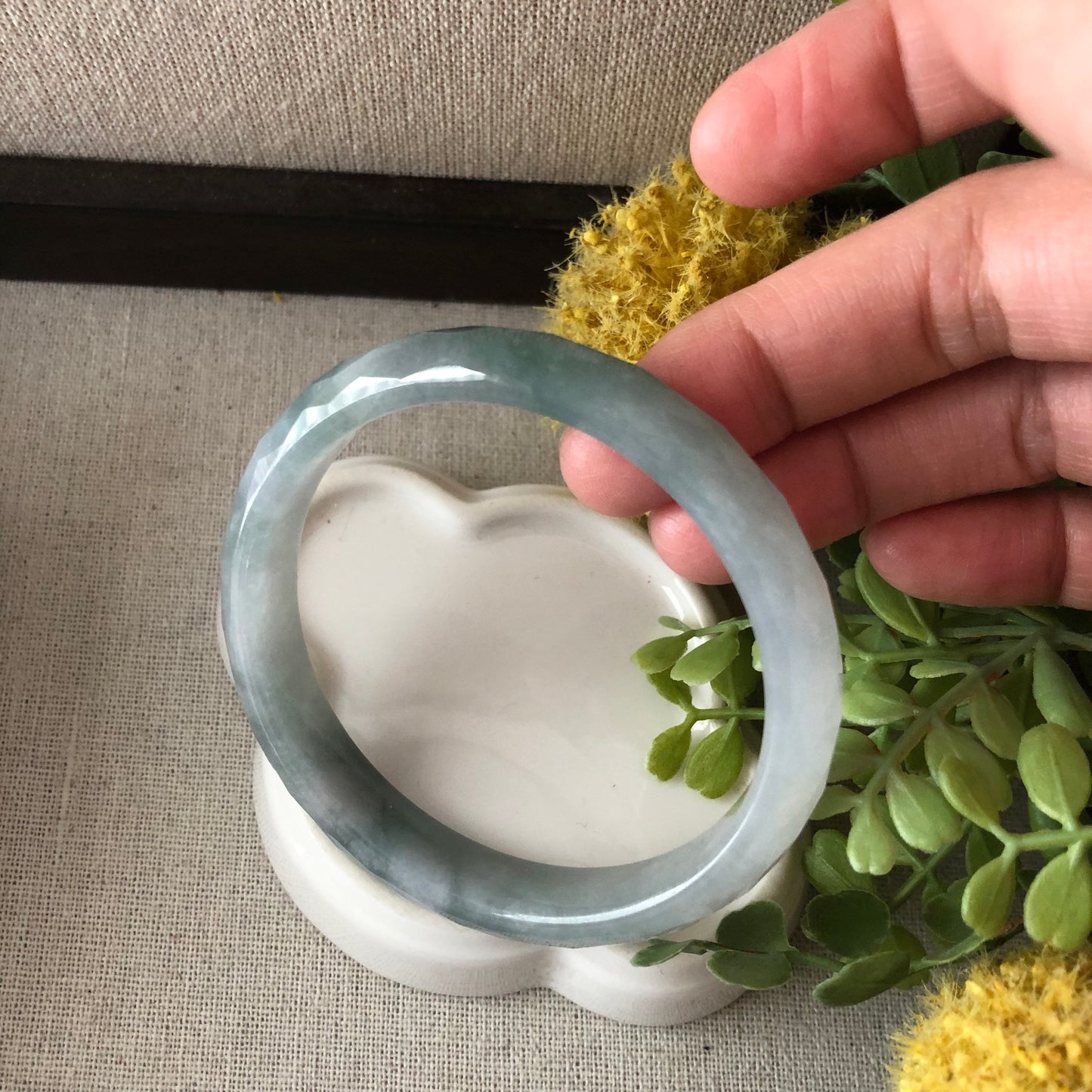 56mm Jadeite Jade Icy earthy green D Shaped carved Diamond cut Bangle