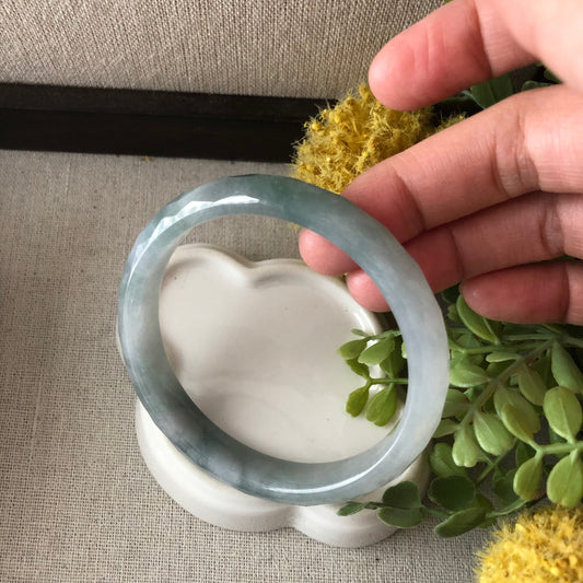 56mm Jadeite Jade Icy earthy green D Shaped carved Diamond cut Bangle