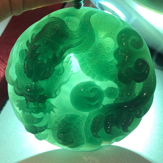 55.8mm Icy Blue Green Guatemalan Jade Carved Dragon Pendant