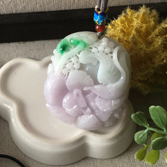 53mm Jadeite Jade Green Lavender 3D Carved Landscape Scenery Pendant