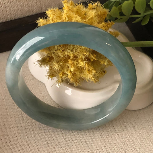 55mm Blue Green Round D-Shaped Jadeite Jade Bangle