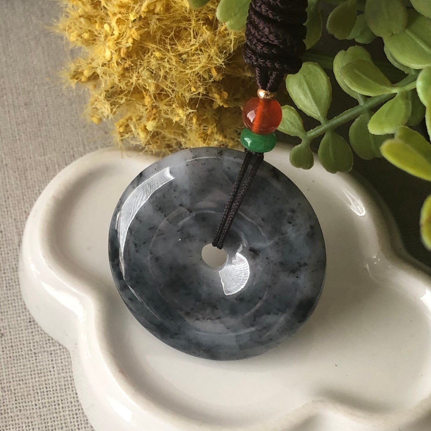 37.6mm Jadeite Jade Wuji Black Grey Peace Donut Pendant Neck Rope Tie