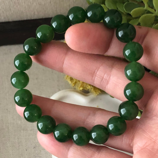 9.5 mm Icy Imperial Green Hetian Jade Bead Bracelet