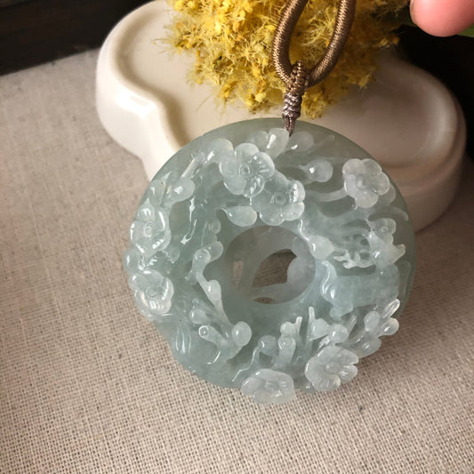 52mm Jadeite Jade Icy Tint Green 3D Carved Deer Flowers Pendant