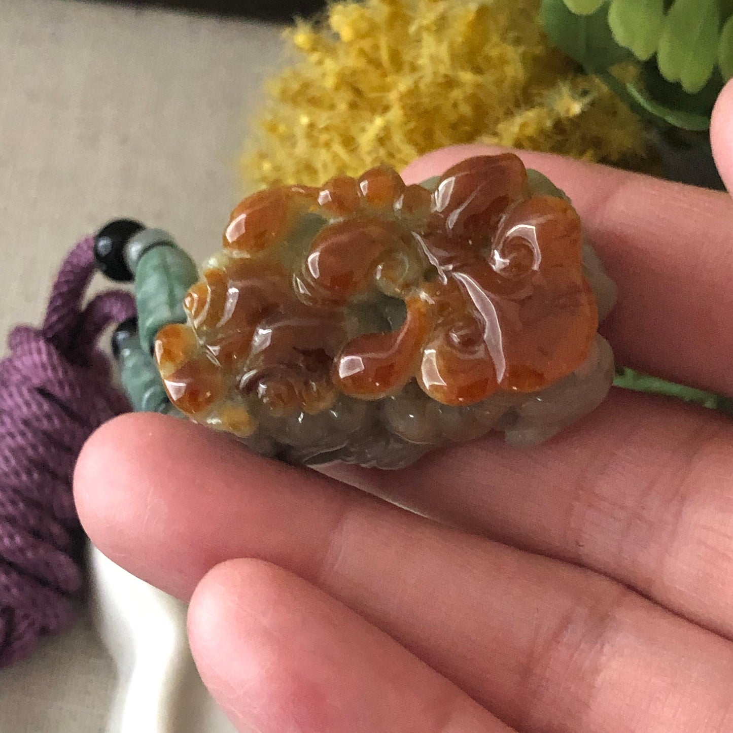 36mm Jadeite Green Red Brown Carved Pixiu Keychain or Pendant Display Figurine