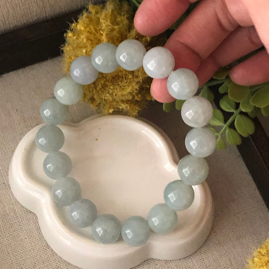 12 mm Icy Tint Green Jade Jadeite Bead Bracelet