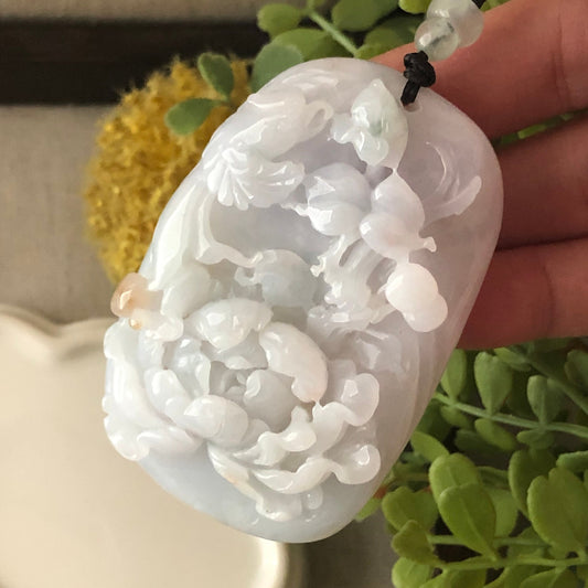 66.5mm Jadeite Jade Icy Fine Glutinous Carved Floral Scenery Pendant