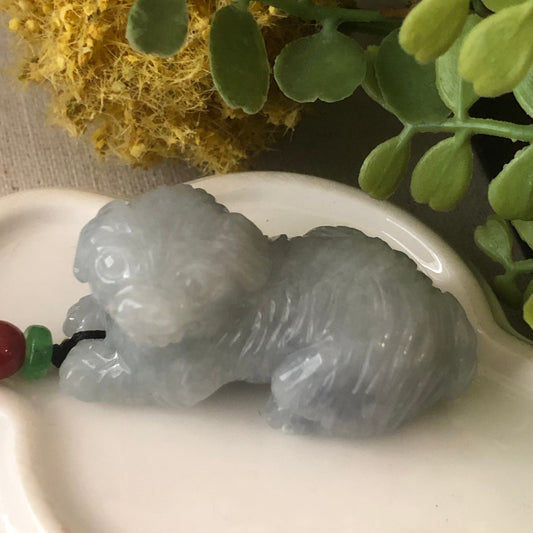 41.7mm Jadeite Lavender Carved Dog Keychain or Pendant Display Figurine