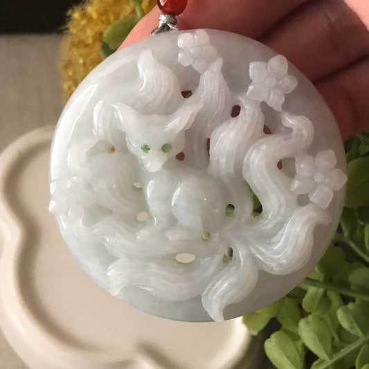 52mm Icy Jadeite Jade Carved Fox Keychain or Pendant Display Figurine