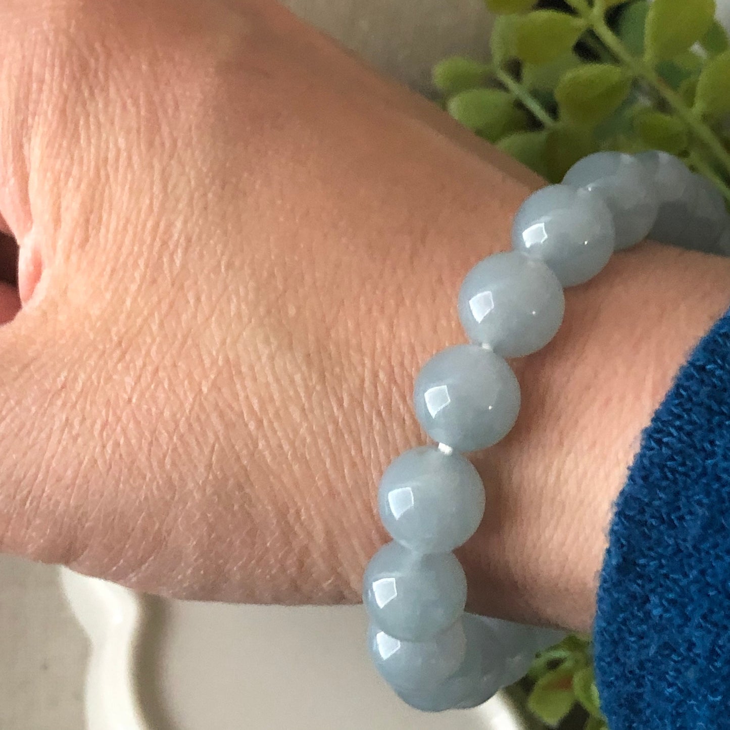 10mm Icy Glutinous Moist Sky Blue Jadeite Jade Bead Bracelet