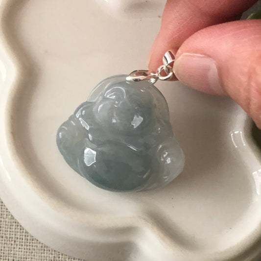 28.3mm Icy Sky Blue Carved Buddha Jadeite Jade Pendant