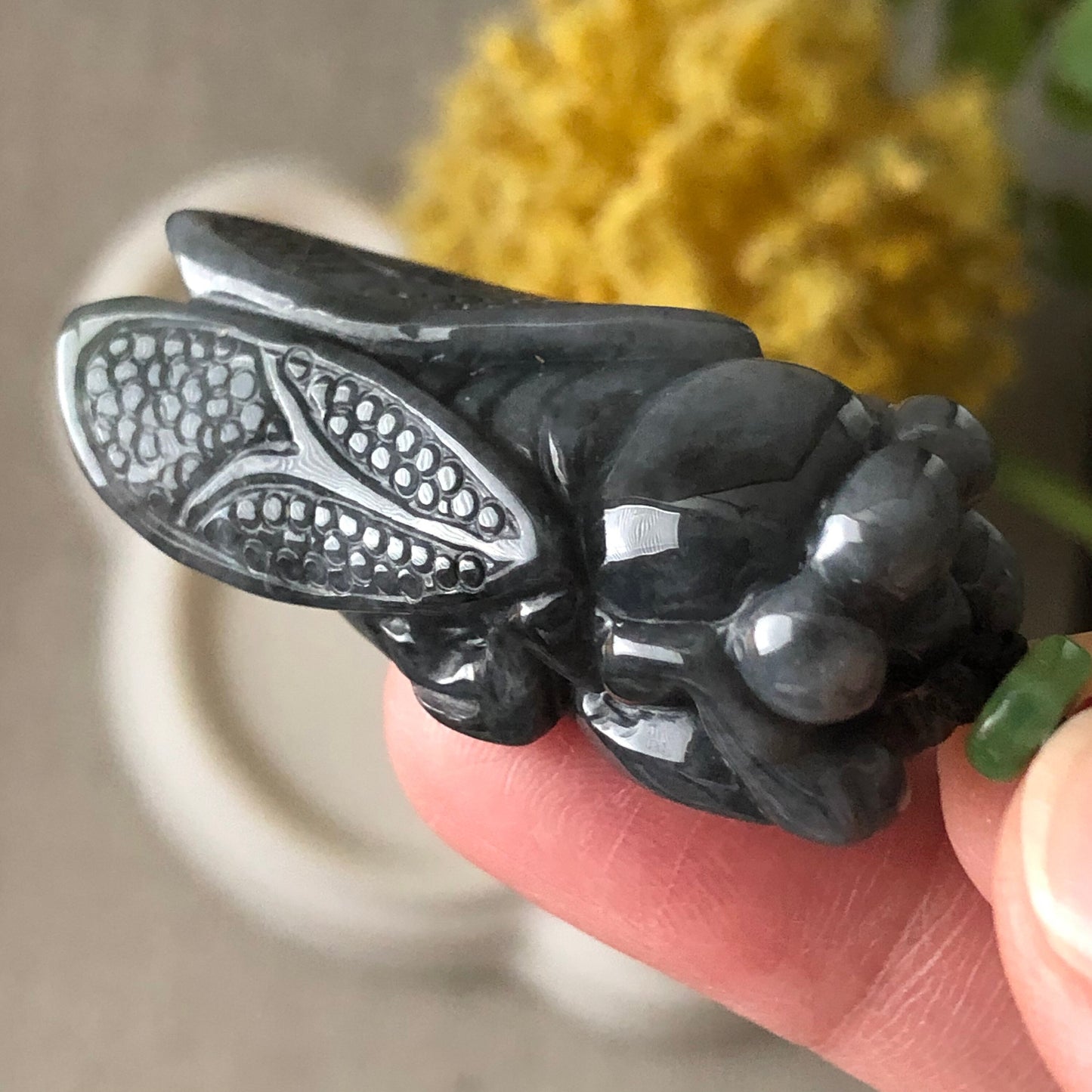 37 mm Wuji Black Jade Jadeite Carved Locust Moth Pendant
