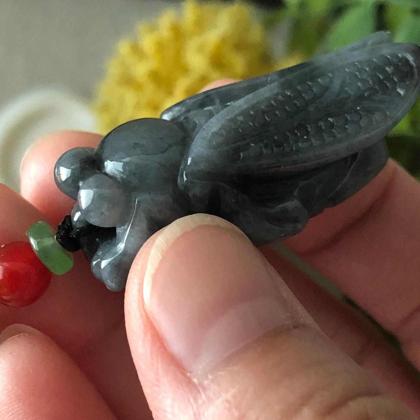 37 mm Wuji Black Jade Jadeite Carved Locust Moth Pendant