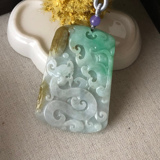 65.2 mm  Carved Green Yellow Jadeite Jade Ruyi Dragon Pendant with Neck Rope Tie