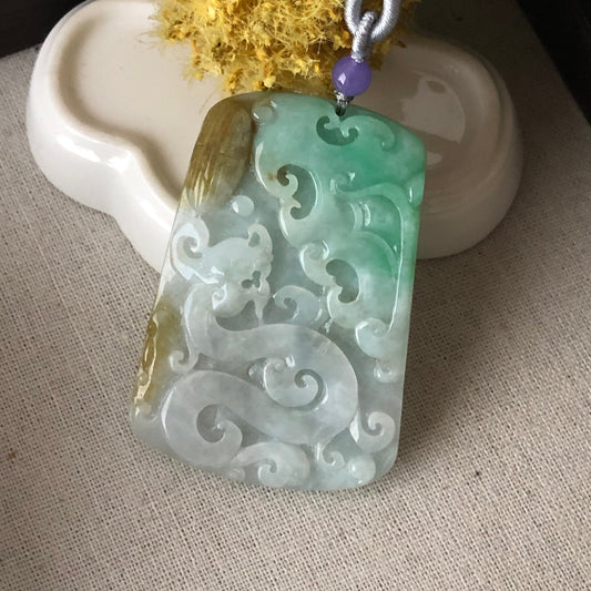 65.2 mm  Carved Green Yellow Jadeite Jade Ruyi Dragon Pendant with Neck Rope Tie