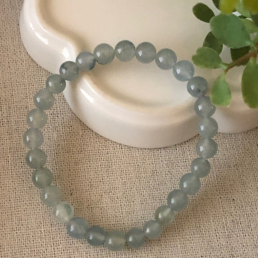 6.5mm Icy Tint Glow Green Float Flowers Jadeite Jade Bead Bracelet