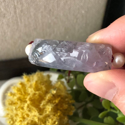 41.5 mm Icy Smoky Lavender Wuji carved Landscape Scenery Jadeite Jade Bracelet